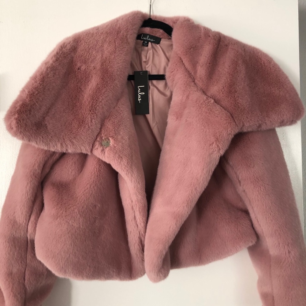 Pink cropped fur coat